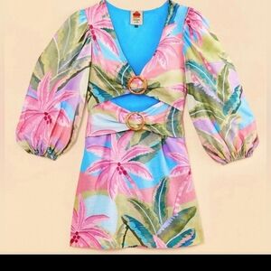 Farm Rio Dress "Beach Vibe" Mini Cut Out Size XL Balloon Sleeve Boho Vacay Linen